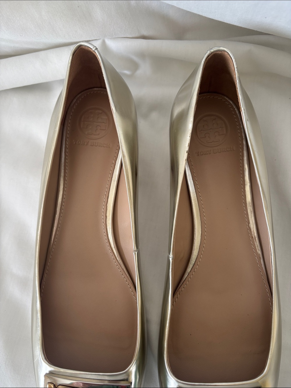 Tory Burch Silver Iridescent Gold Logo Block Heel Flats - Picture 12 of 16